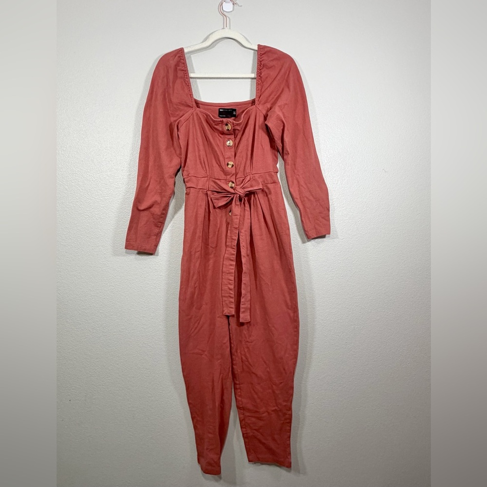 ASOS Design Jumpsuit Long Sleeve Pants Button Detail Tie Bow Rust Orange Women 6